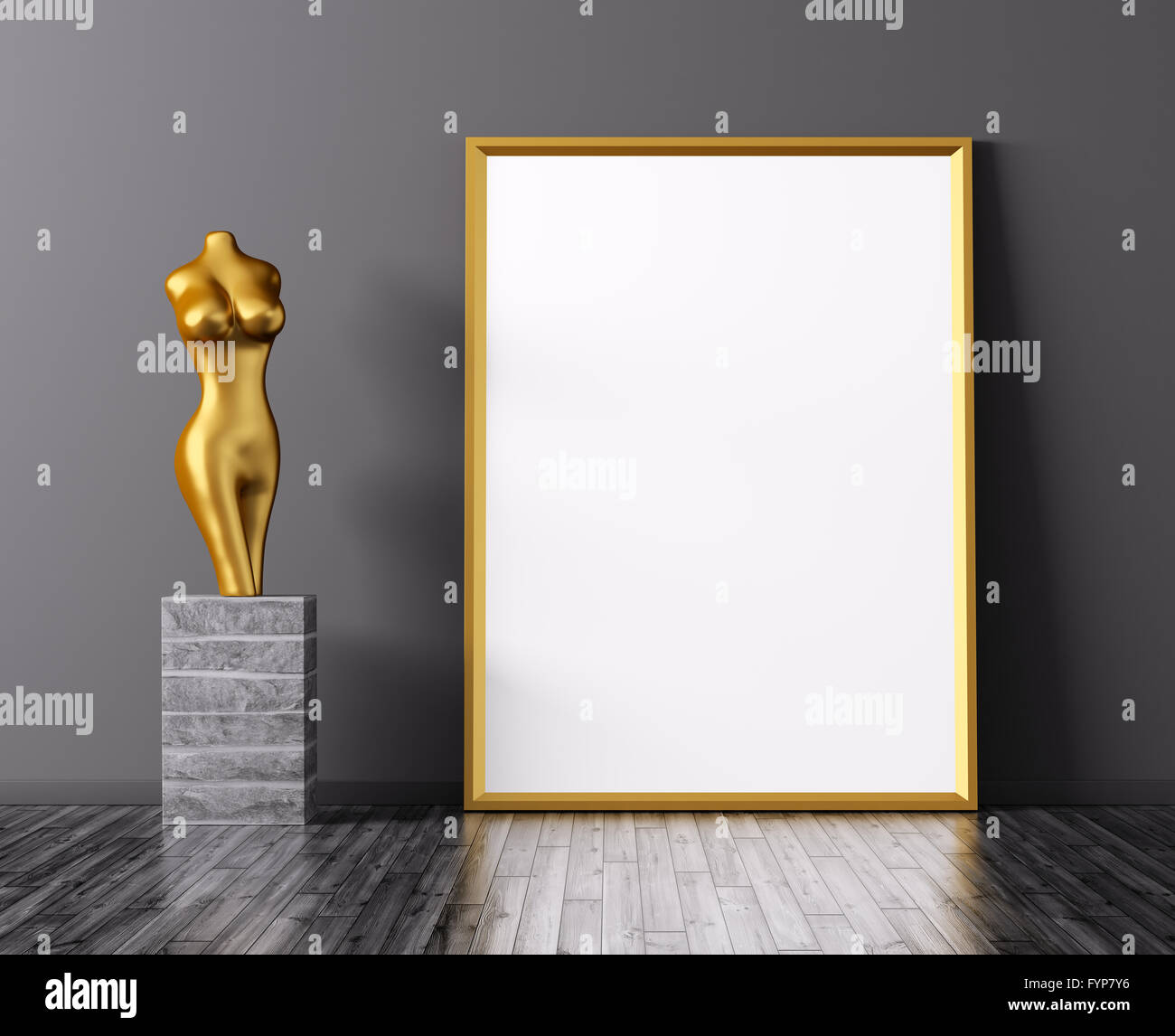 Interior with golden frame and statue background 3d rendering Stock Photo