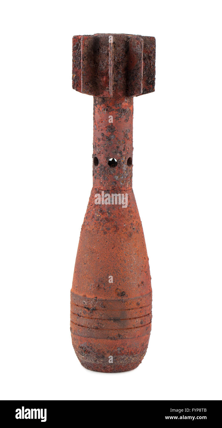Old rusty mortar bomb. Vertical shot. Stock Photo