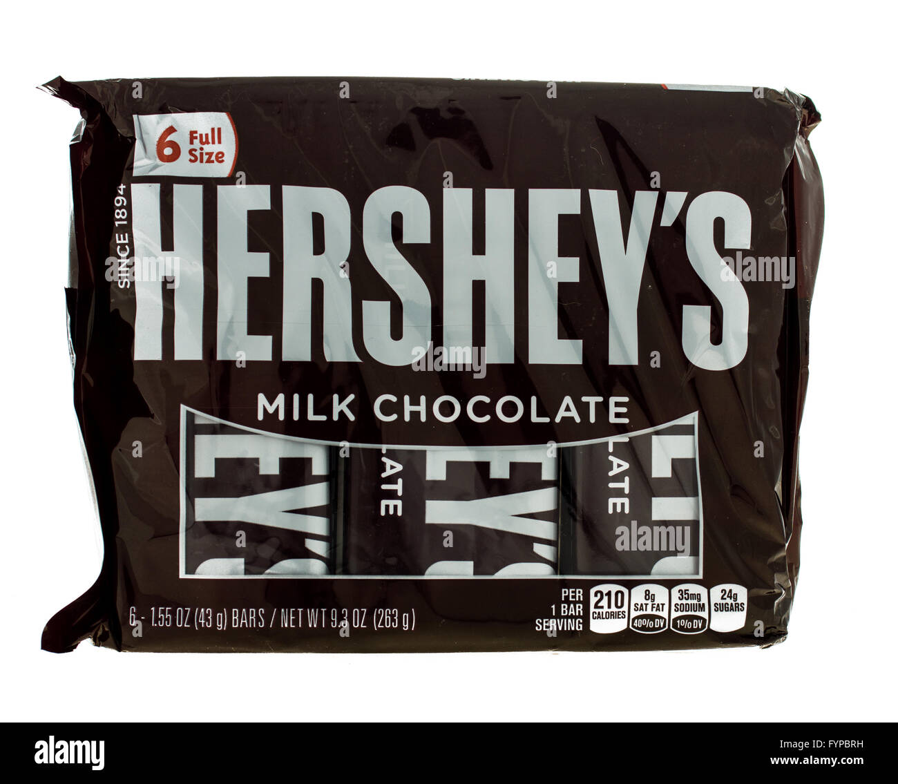 winneconne, WI - 5  February 2015: Package of Hershey's Milk Chocolate candy bar's.  Hershey was founded in 1894. Stock Photo