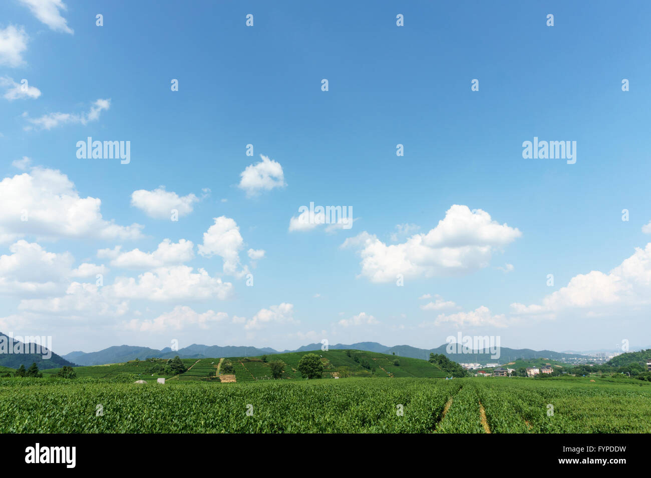 village under clear, blue sky and white clouds Stock Photo - Alamy
