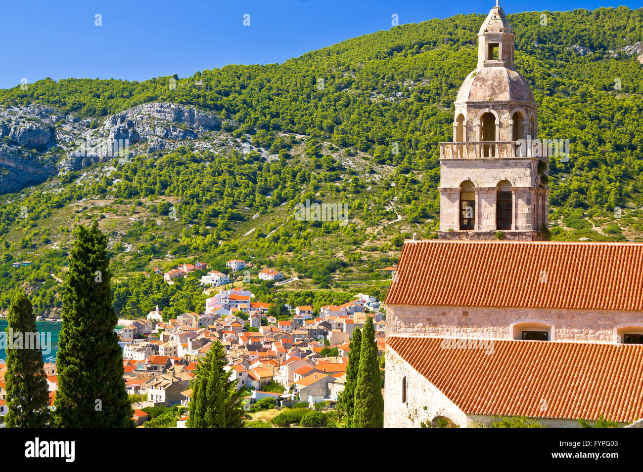 Komiza town and monastery view Stock Photo