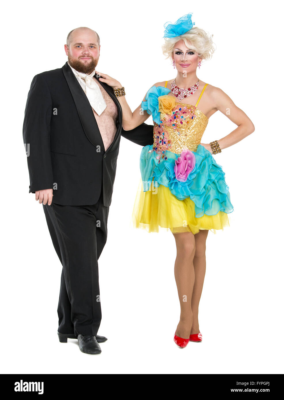 Eccentric Fat Man in a Tuxedo and Beautiful Lady in an Evening Dress Stock Photo