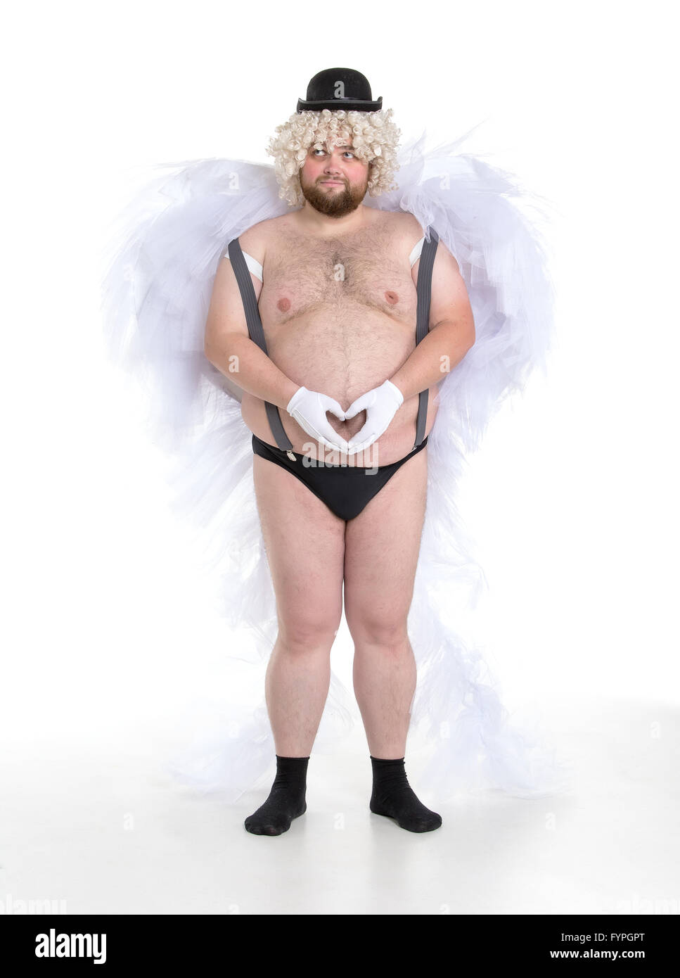 Funny Crazy Naked Fat Man in Panties with Angel Wings Stock Photo