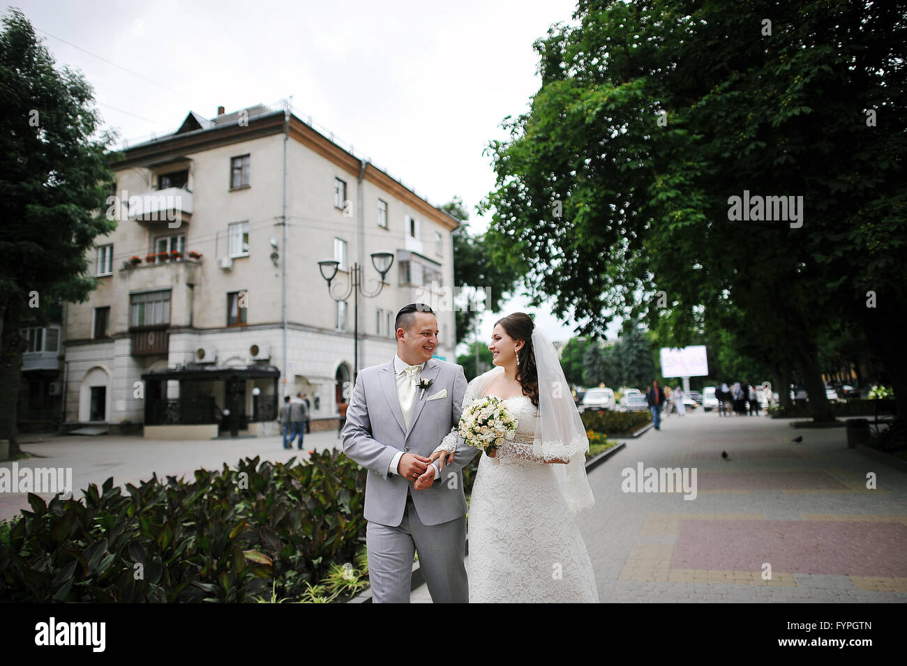 wedding couple walling at the city Stock Photo