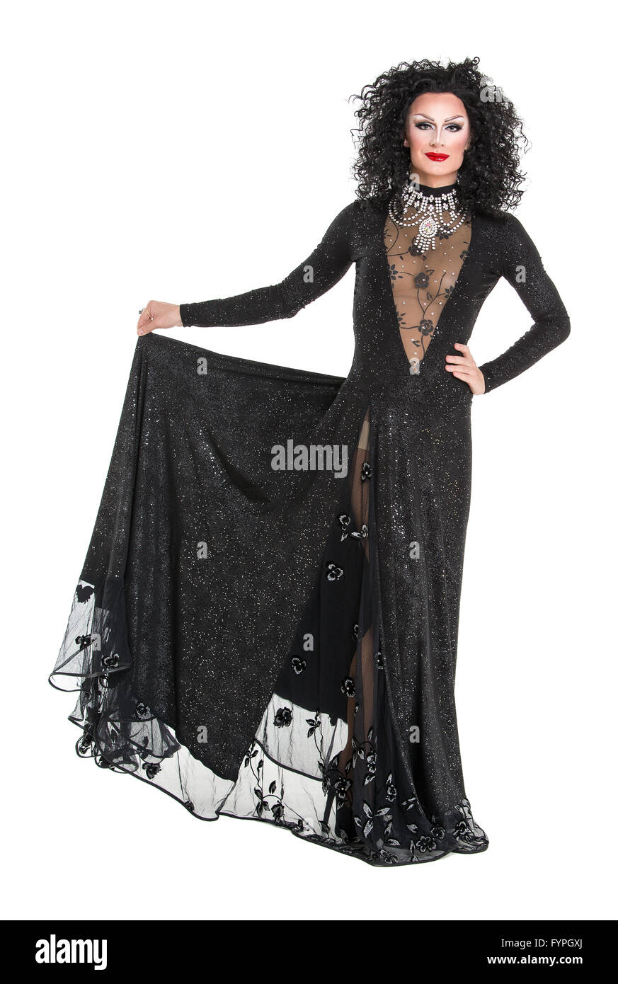 Drag Queen in Black Evening Dress Performing Stock Photo