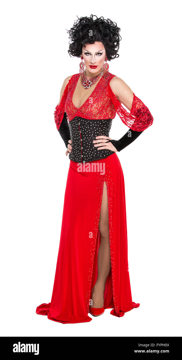 Drag Queen in Red Evening Dress Performing Stock Photo
