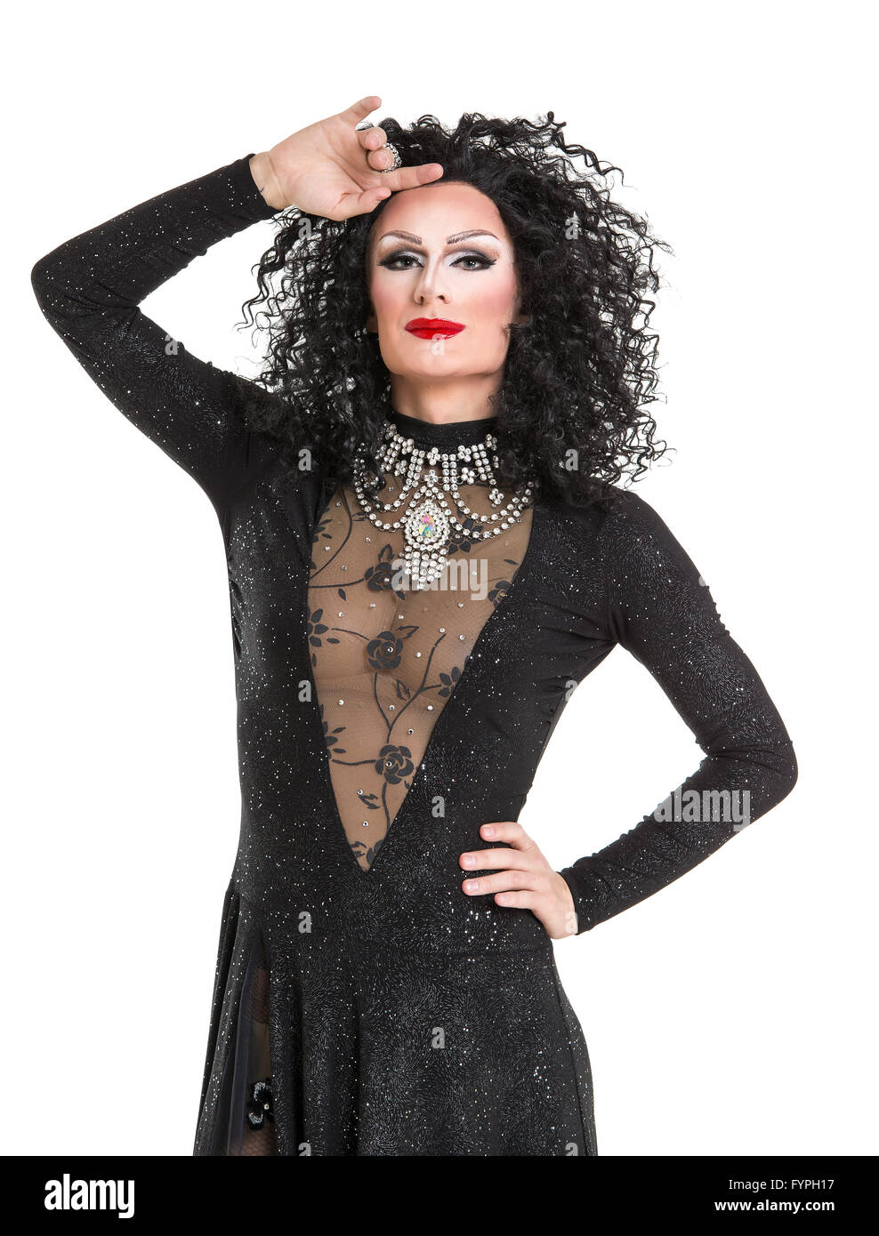 Drag Queen in Black Evening Dress Performing Stock Photo