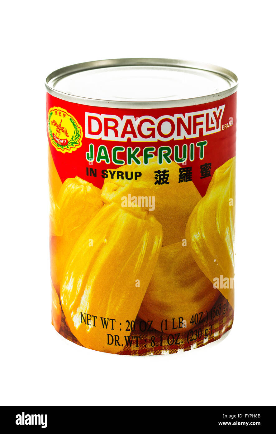 Winneconne, WI - 5 February 2015: Can of  Jackfruit in syrup imported by the Dragonfly Brand. Stock Photo