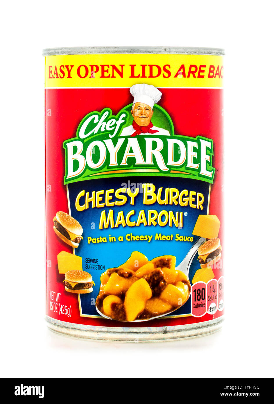 Winneconne, WI - 3 February 2015:  Can of Cheesy Burger Macaroni by Chef Boyardee. Chef Boyardeee has been enjoyed by everyone s Stock Photo