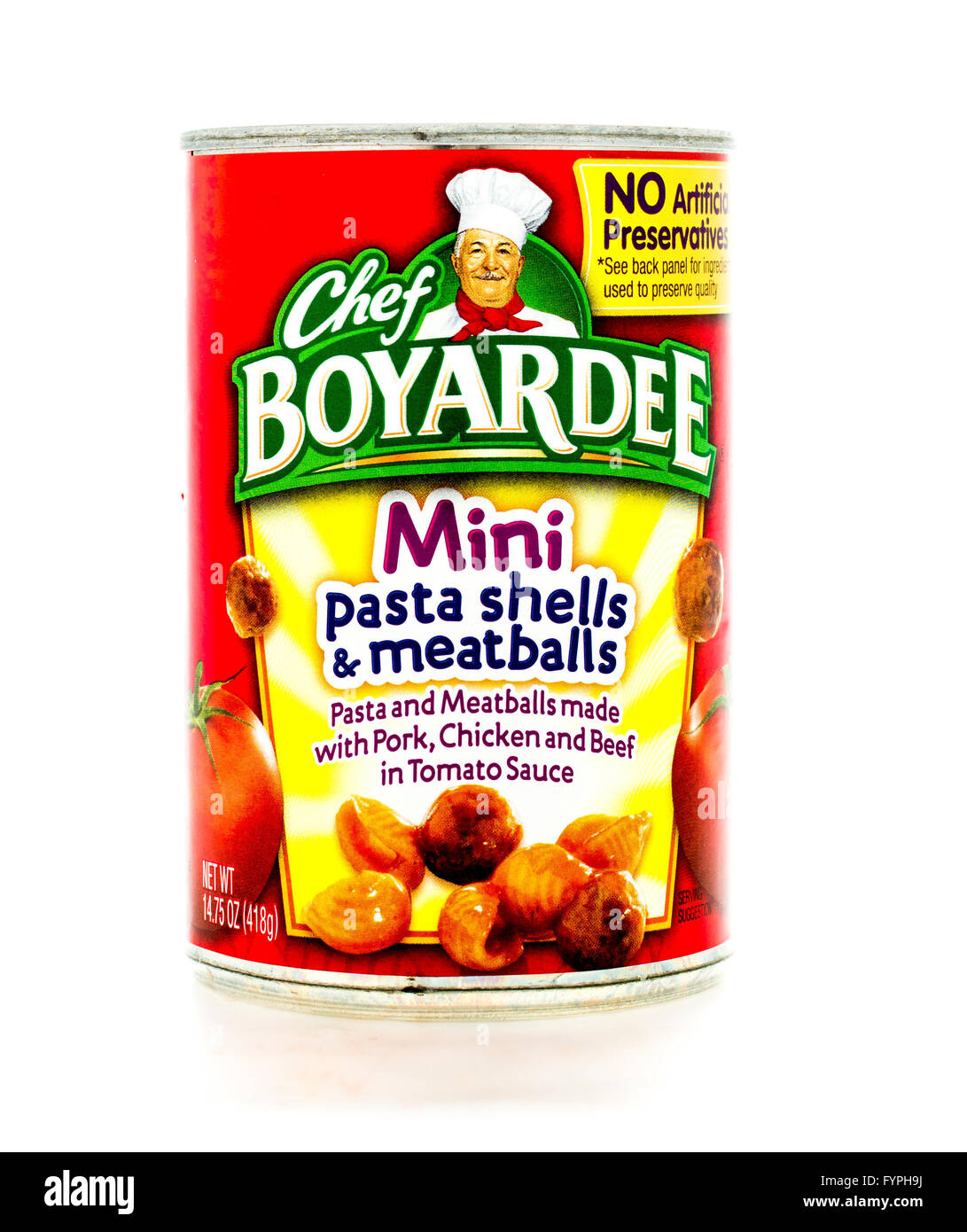 Winneconne, WI - 3 February 2015:  Can of Mini pasta shells & meatballs by Chef Boyardee. Chef Boyardeee has been enjoyed by eve Stock Photo