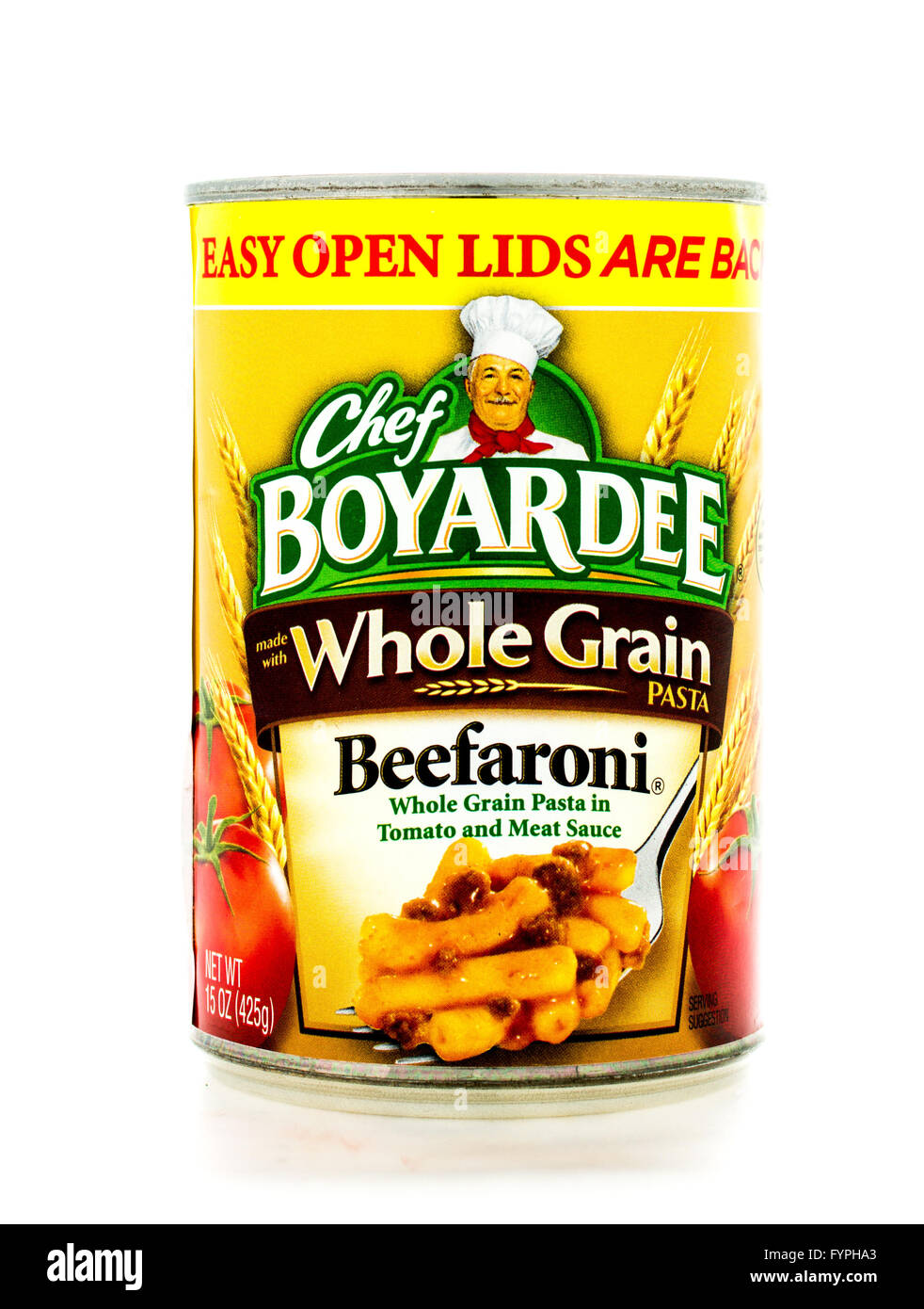 Winneconne, WI - 3 February 2015:  Can of Whole Grain Beefaroni by Chef Boyardee. Chef Boyardeee has been enjoyed by everyone si Stock Photo