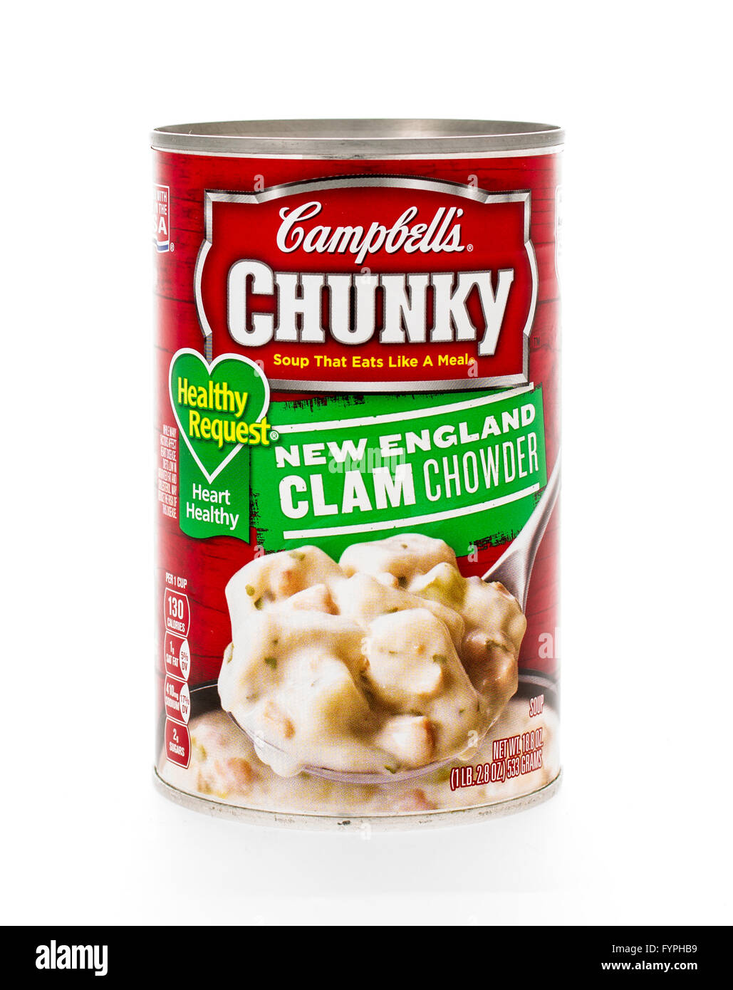 Winneconne, WI - 7 February 2015: Can of Campell's Chunky Healthy Request New England Clam Chowder soup. Stock Photo