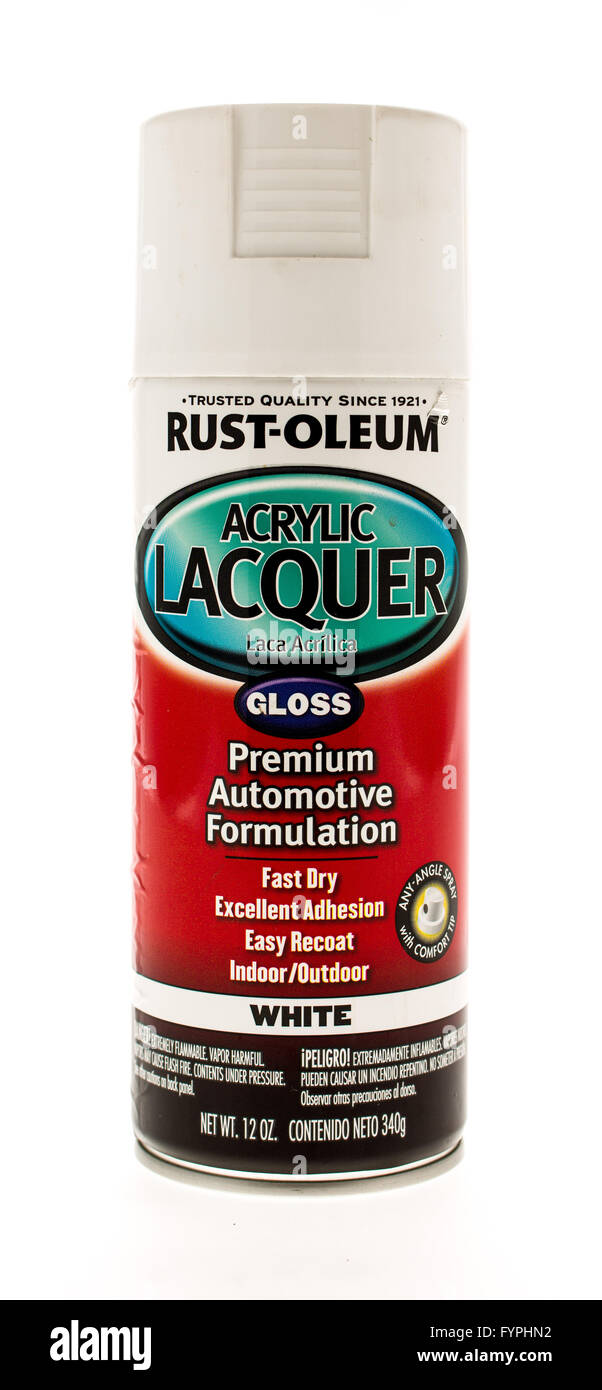 Winneconne, WI - 15 May 2015:  Can of Rust Oleum acrylic lacquer gloss. Stock Photo