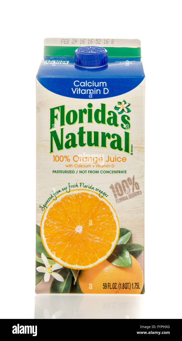 Winneconne, WI - 7 Feb 2016:  Container of Florida's Natural orange juice with calcium and vitamin D. Stock Photo