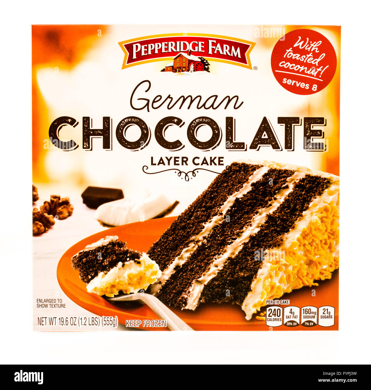 Winneconne, WI -19 Sept 2015: Box of layerd German chocolate cake made by Pepperidge farm. Stock Photo