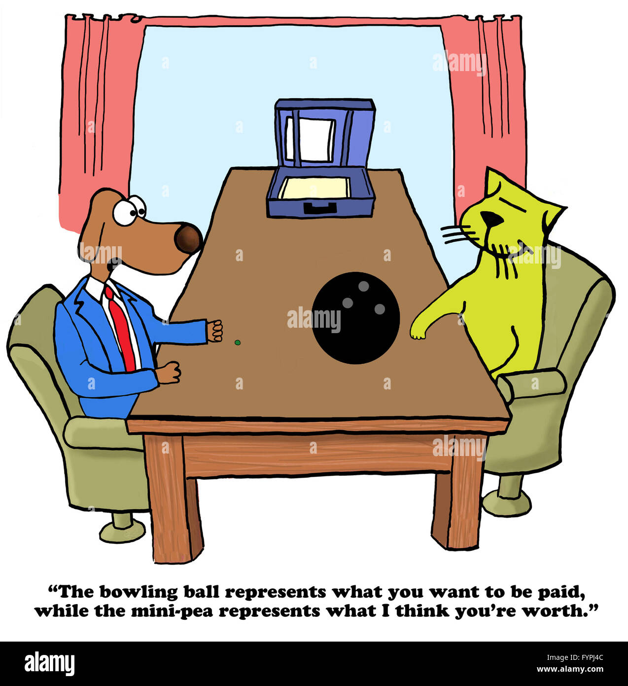 Business cartoon about different opinions on compensation. Stock Photo