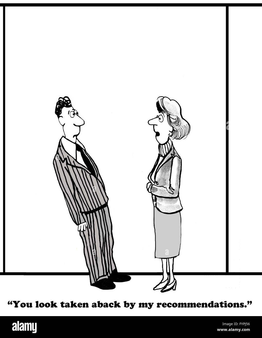Business cartoon about being taken aback by an unexpected recommendation. Stock Photo
