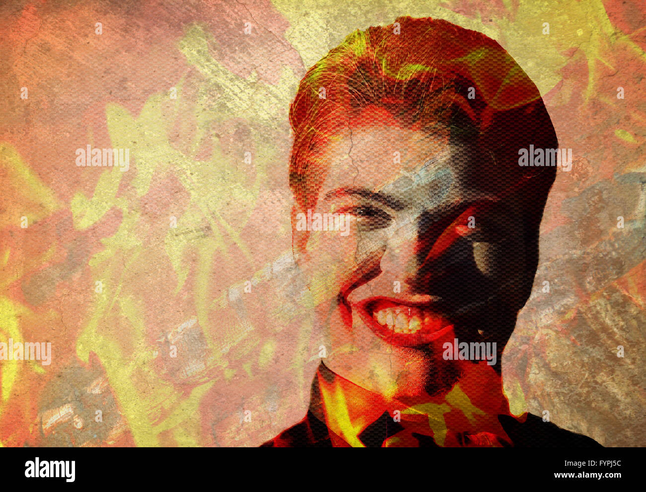 Man in flames with evil grin. Stock Photo