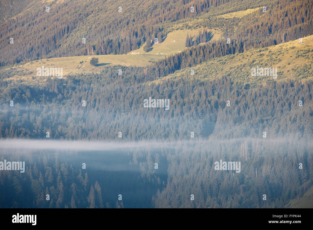 Mountains rural landscape at misty sunrise Stock Photo - Alamy