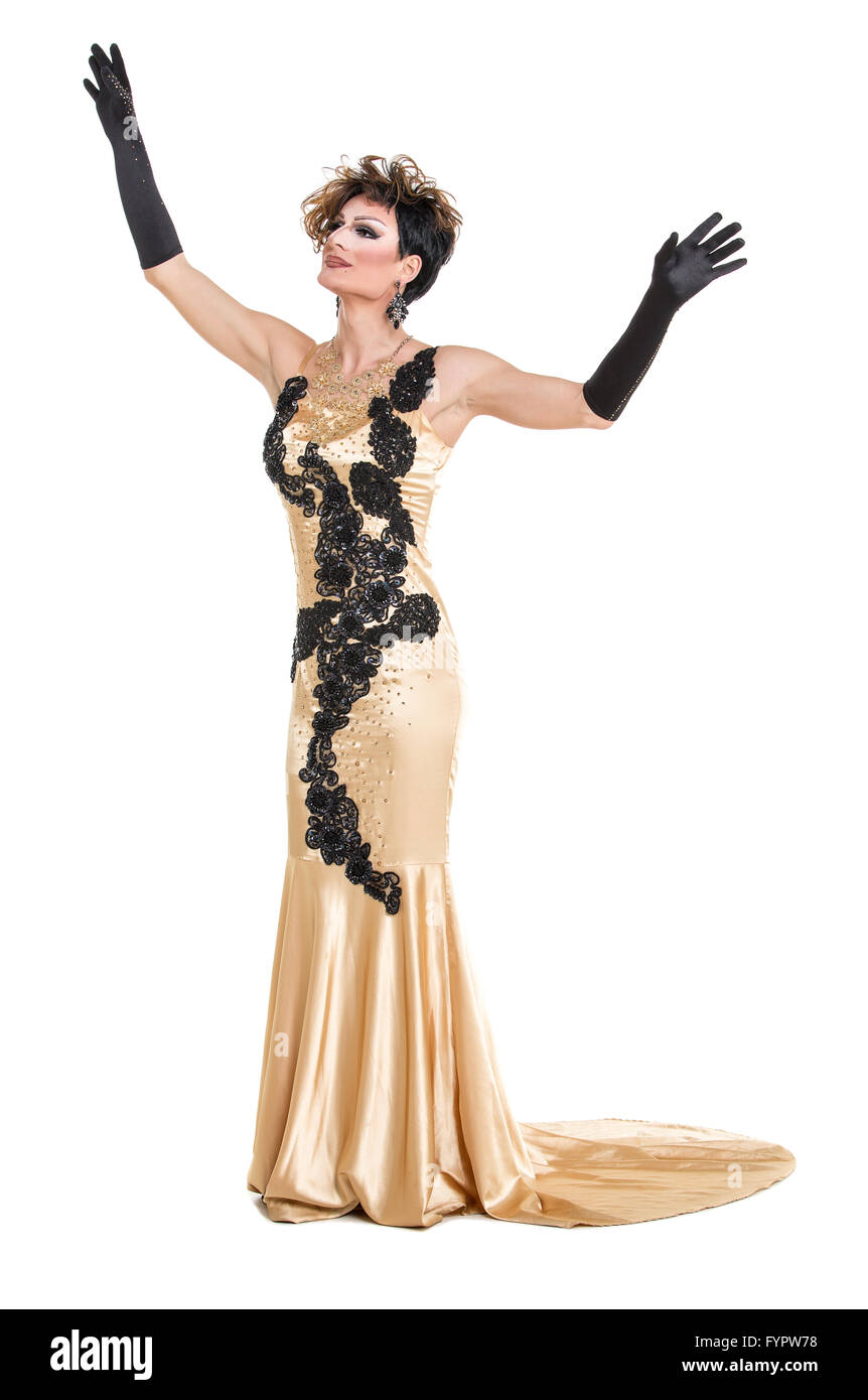 Drag Queen in Yellow Dress Performing Stock Photo