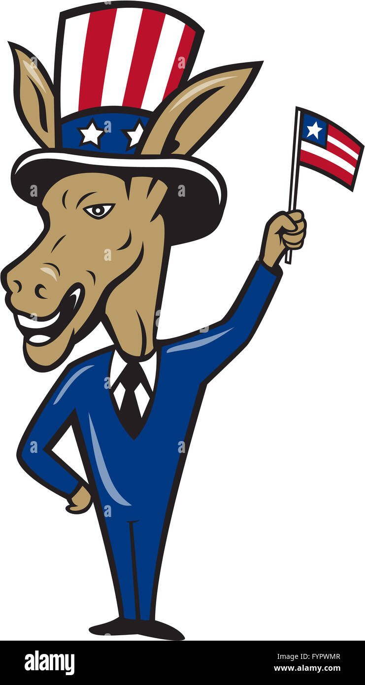 Democrat Donkey Mascot Waving Flag Cartoon Stock Photo