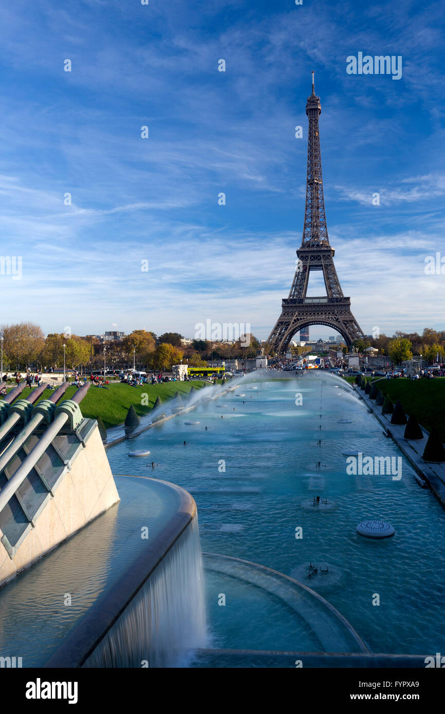 Eiffel Tower and Trocadero Fountains in autumn, Paris, France, Europe Stock Photo