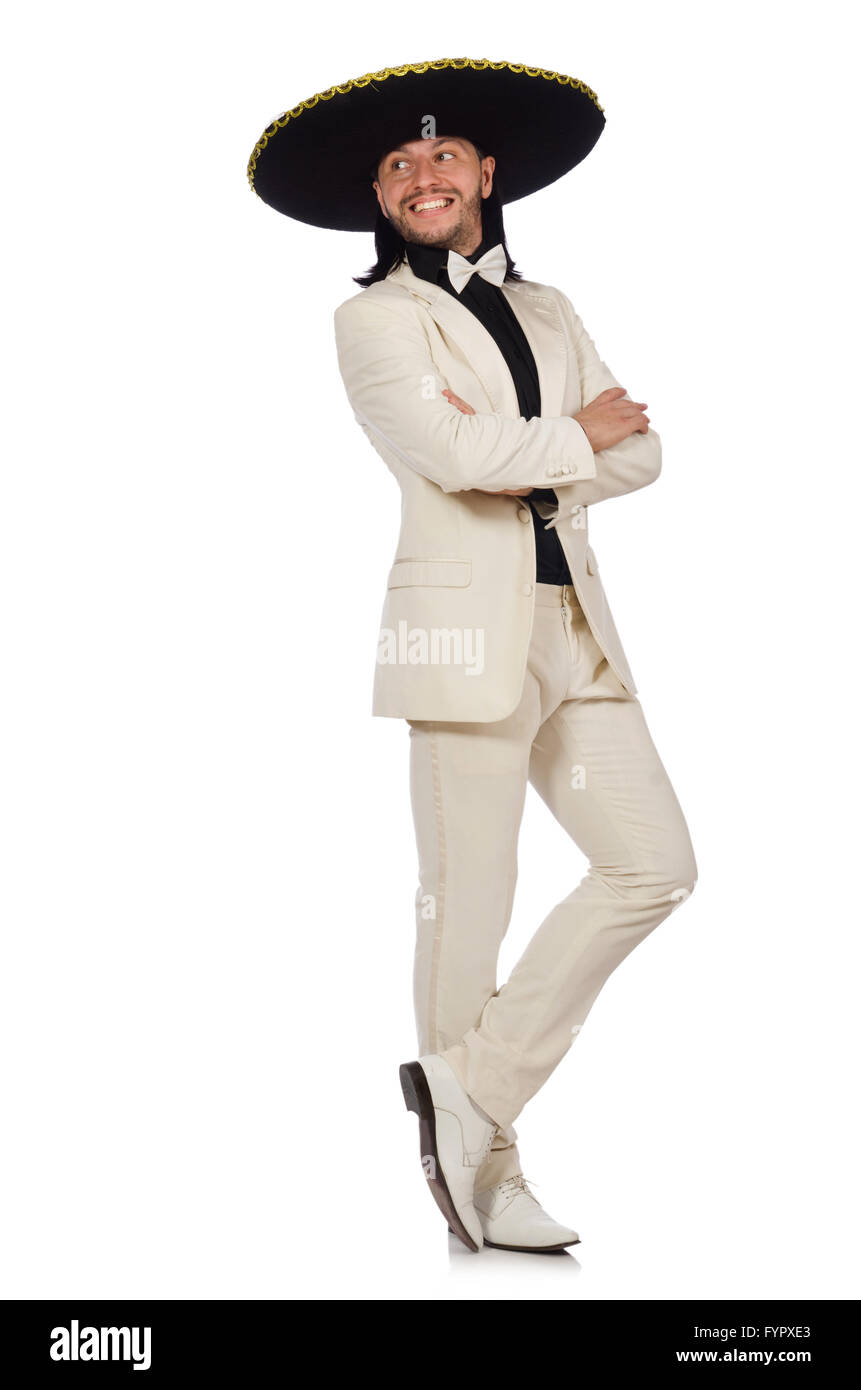 The funny mexican in suit and sombrero isolated on white Stock Photo