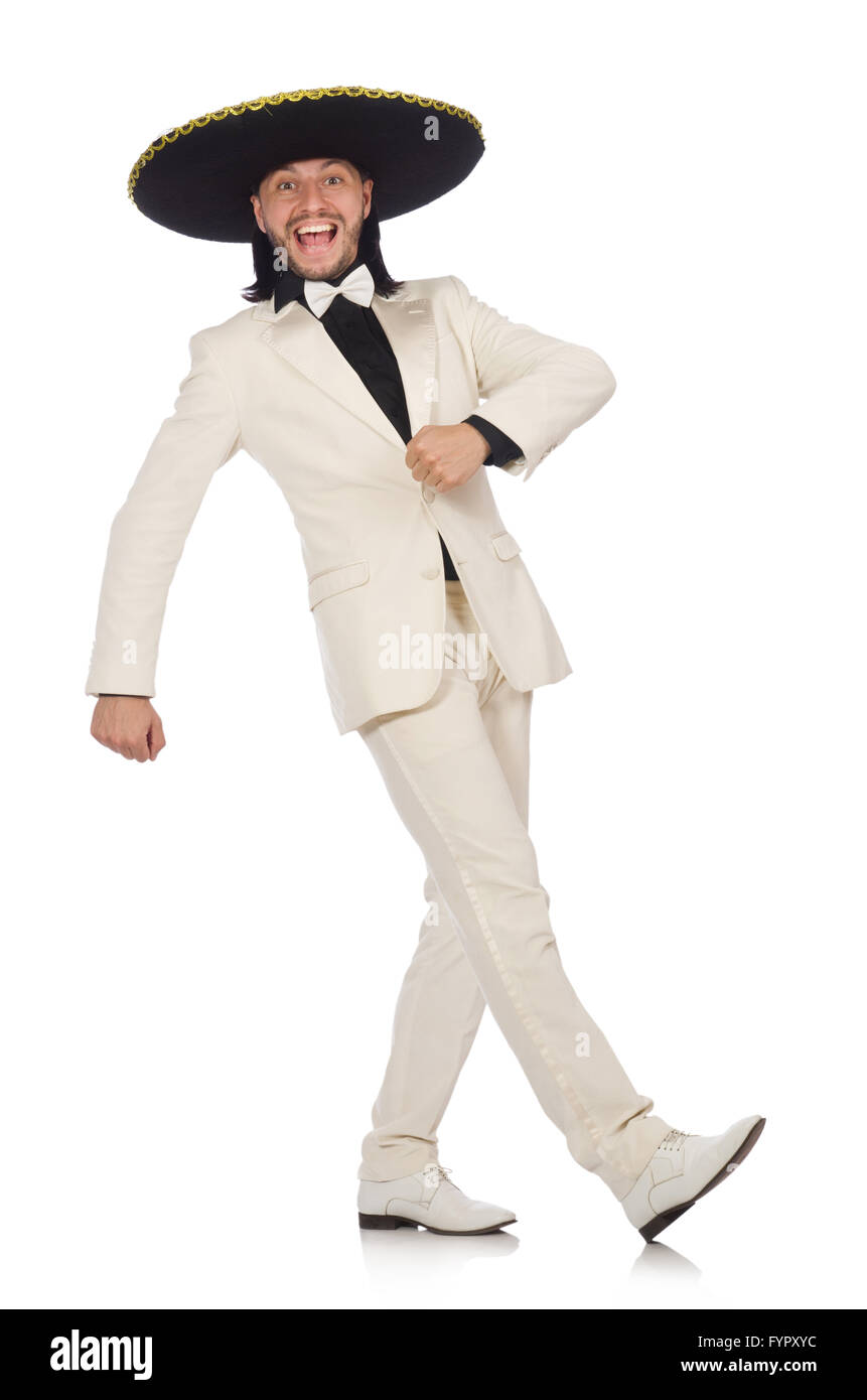 The funny mexican in suit and sombrero isolated on white Stock Photo