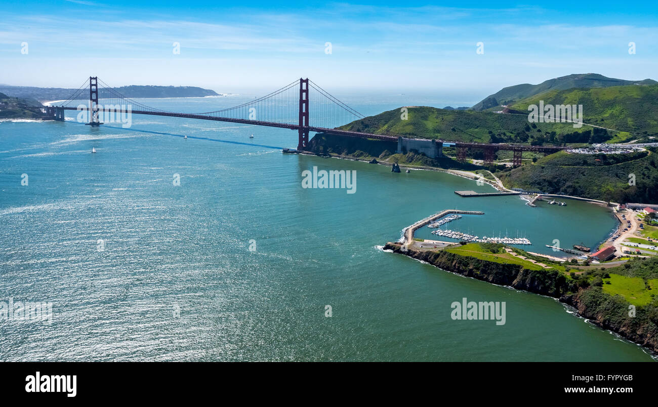 Aerial view, Golden Gate Bridge with blue sky, seen from the Bay Area, San Francisco, California, USA Stock Photo