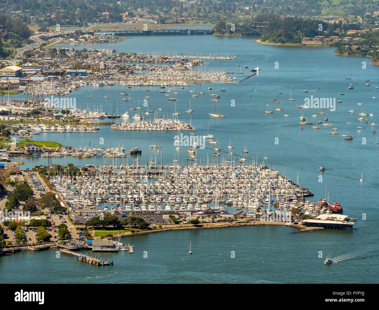 Aerial view, sailboats in the marina, Sausalito, San Francisco Bay Area, California, USA Stock Photo