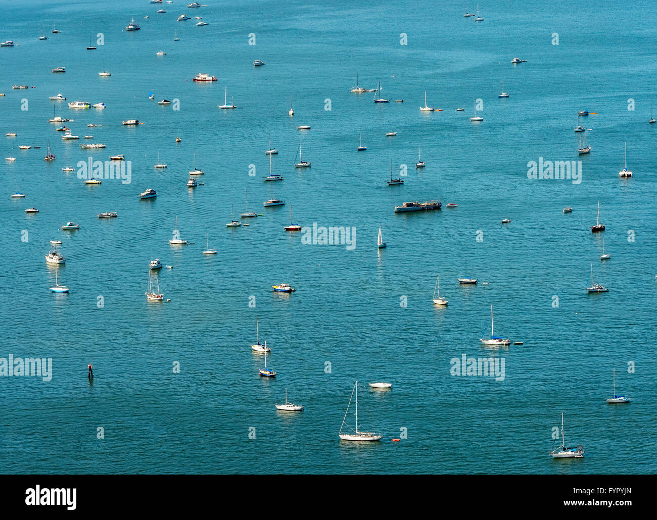 Aerial view, anchored sailboats at Sausalito, San Francisco Bay Area, California, USA Stock Photo