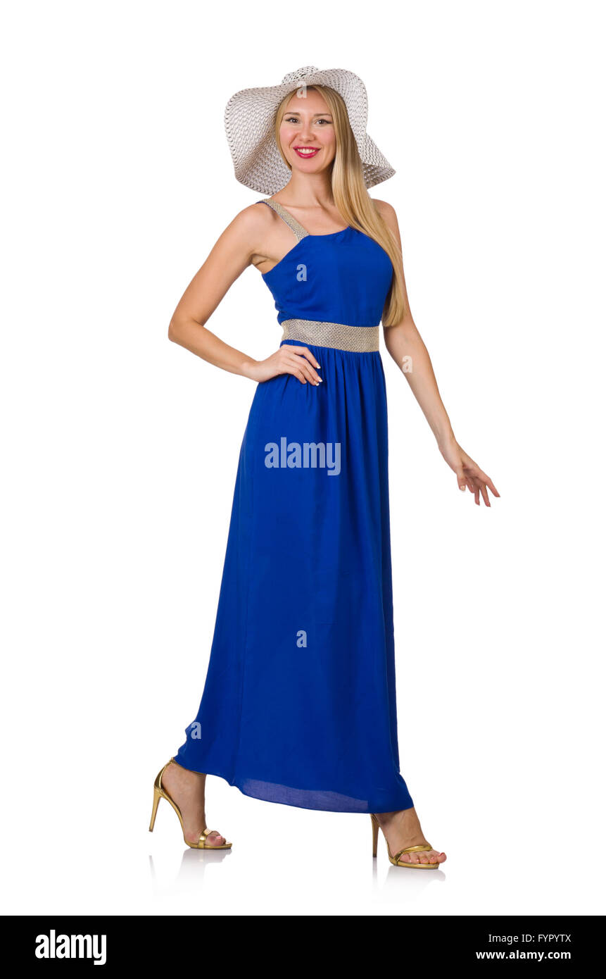 Beautiful woman in long blue dress isolated on white Stock Photo - Alamy