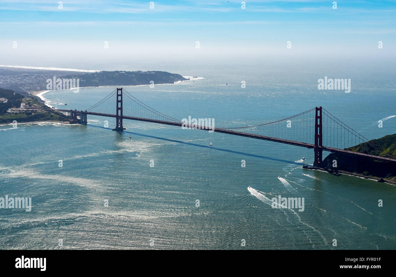 Aerial view, Golden Gate Bridge with blue sky, seen from the Bay Area, San Francisco, California, USA Stock Photo