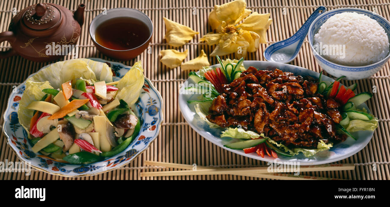 Chinese cuisine, bamboo shoots, pickled mushrooms, sweet and sour pork