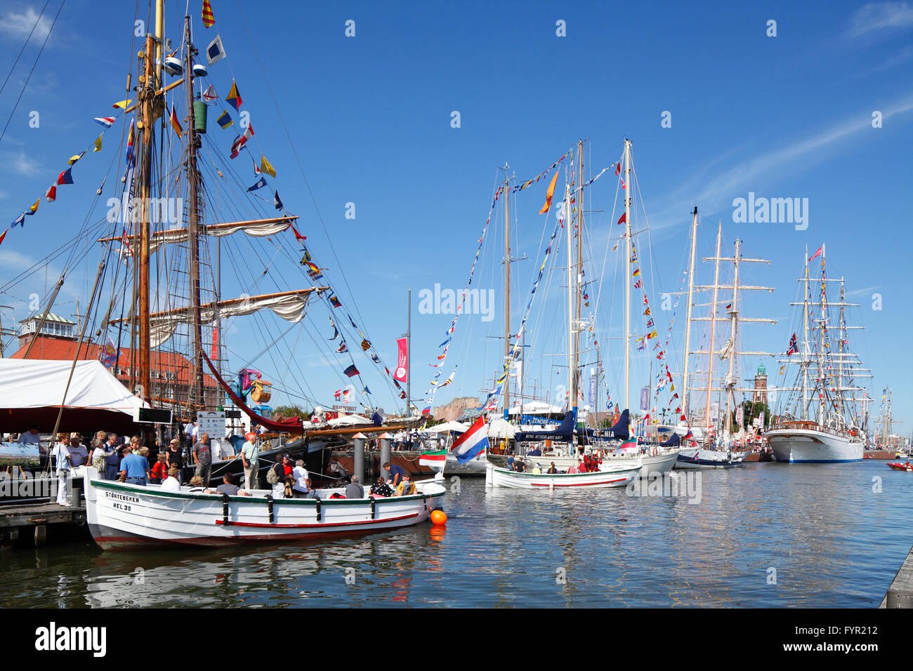 New harbor with sailing ships, decorated with flags, Festival Sail 2015, Bremerhaven, Bremen