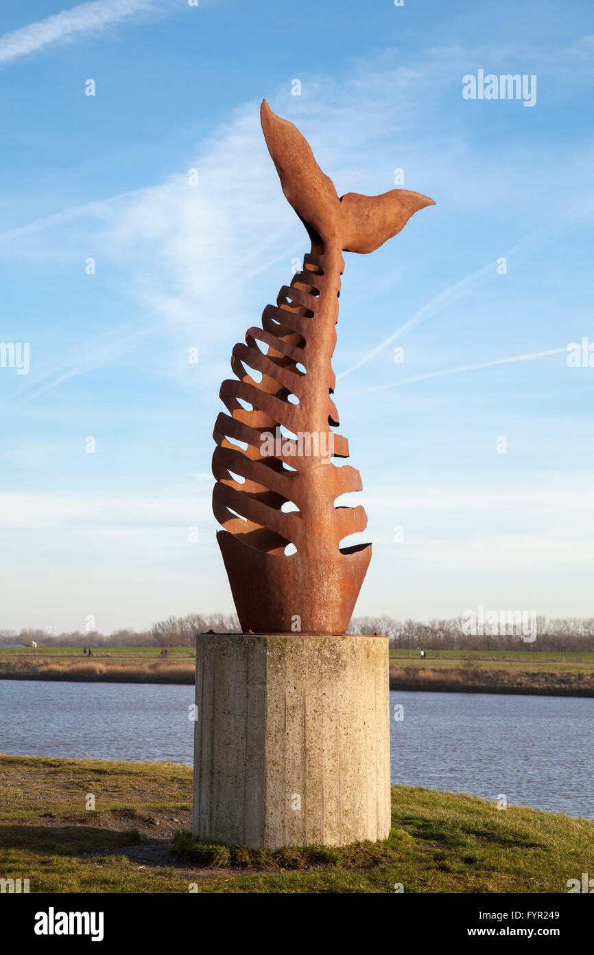 Fish bone sculpture, Leybucht bay, Greetsiel, Krummhörn, East Frisia, Lower Saxony, Germany Stock Photo