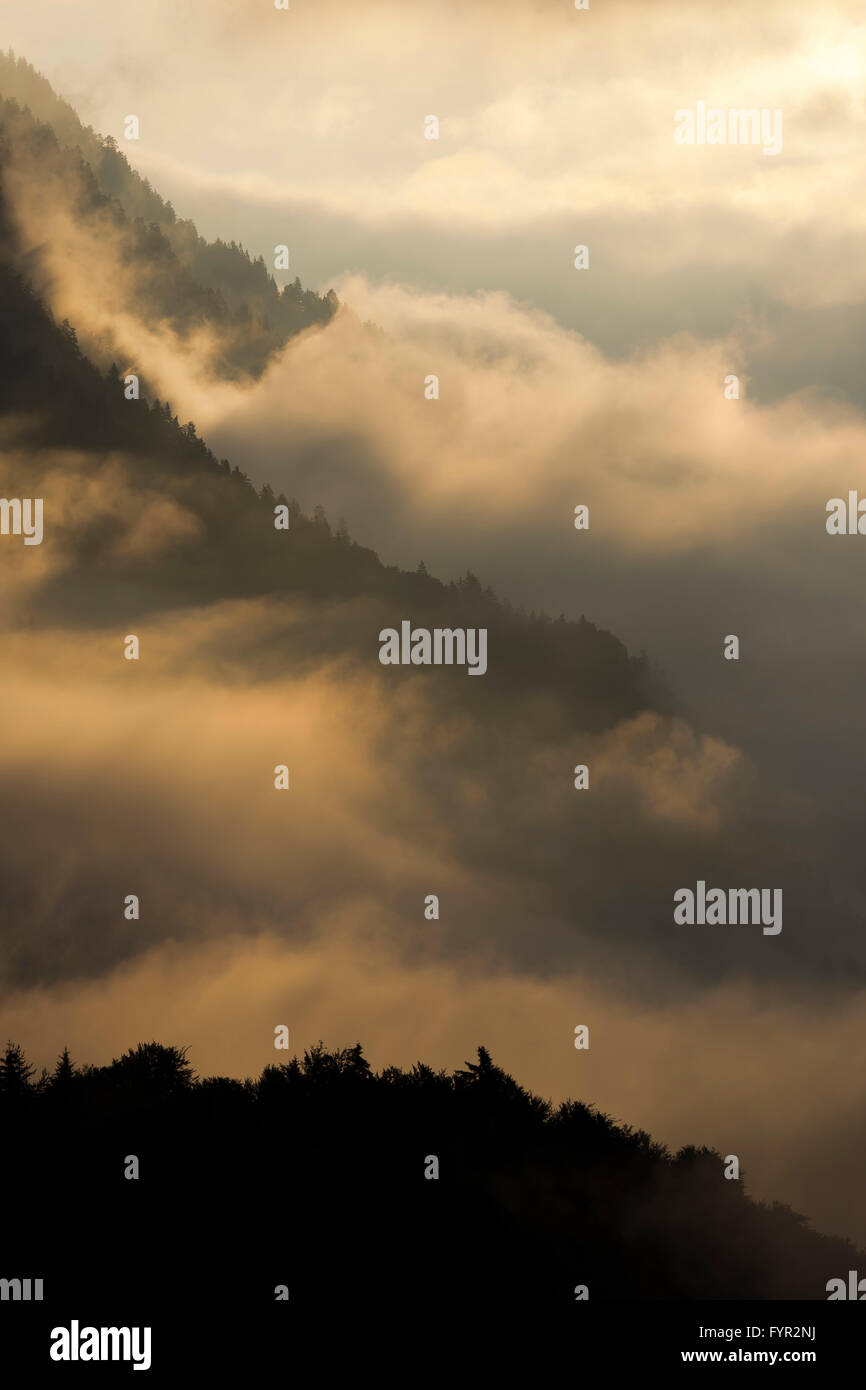 Fog and clouds on the mountainside above the Inn Valley, Stans, Tyrol, Austria Stock Photo