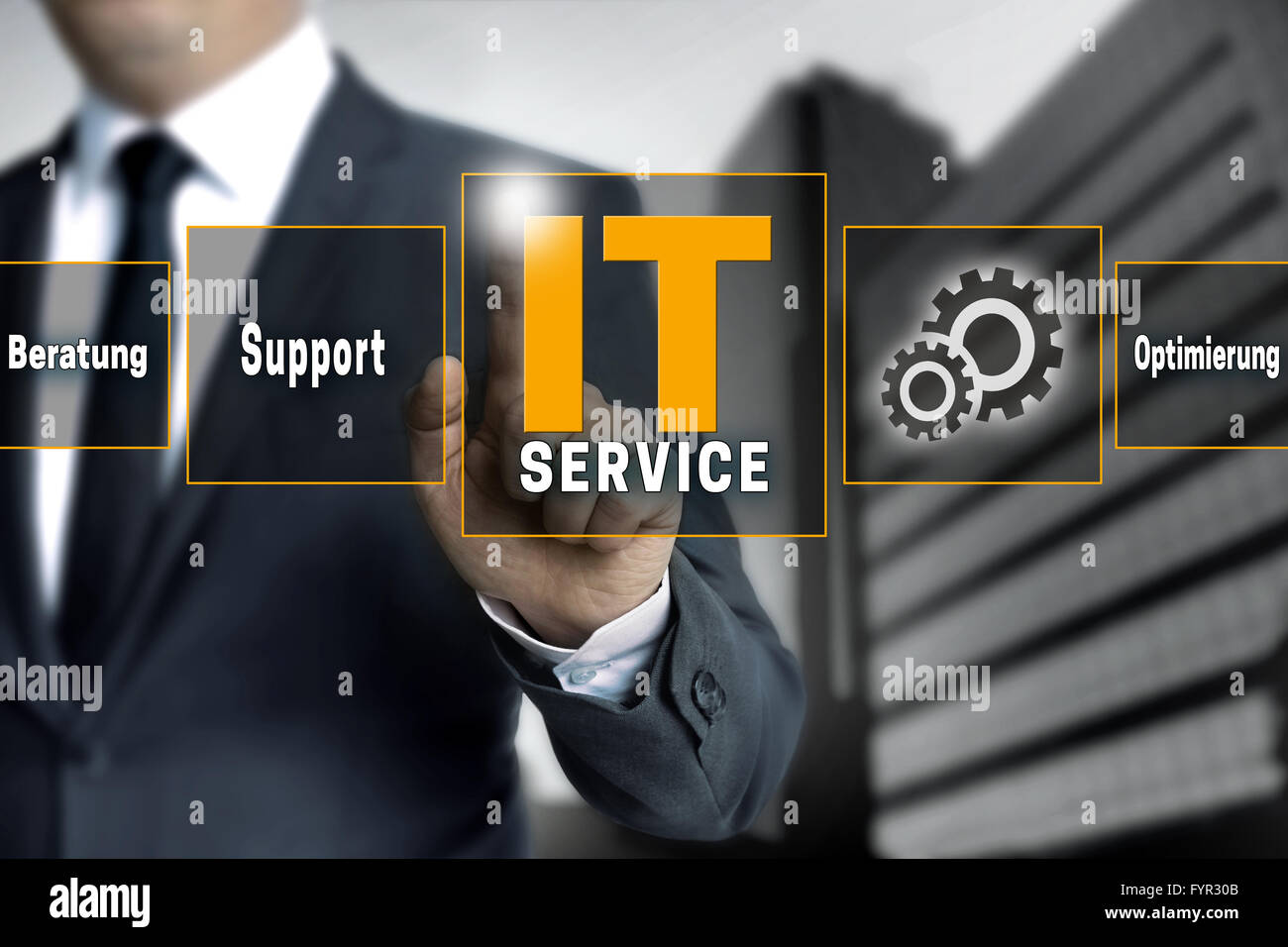 it service optimierung beratung (in german optimize support) help touchscreen is operated by businessman. Stock Photo