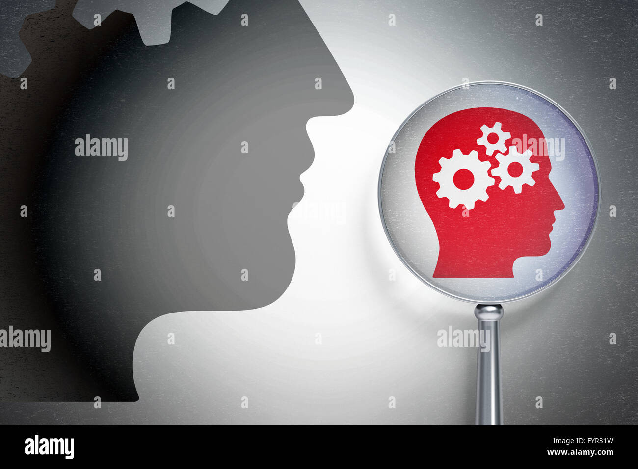 Data concept: Head With Gears with optical glass on digital background ...