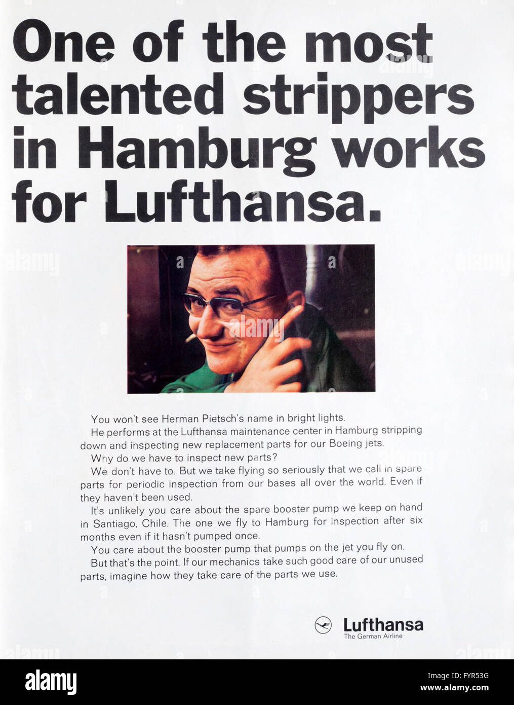 1960s magazine advertisement advertising Lufthansa. Stock Photo
