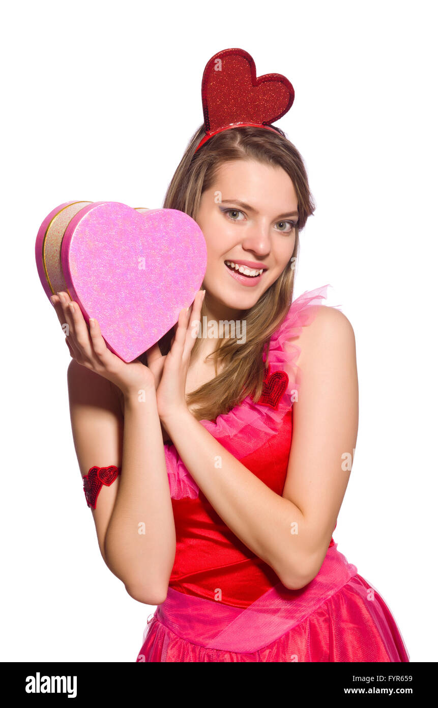 The girl in pretty pink dress with gift box isolated on white Stock ...