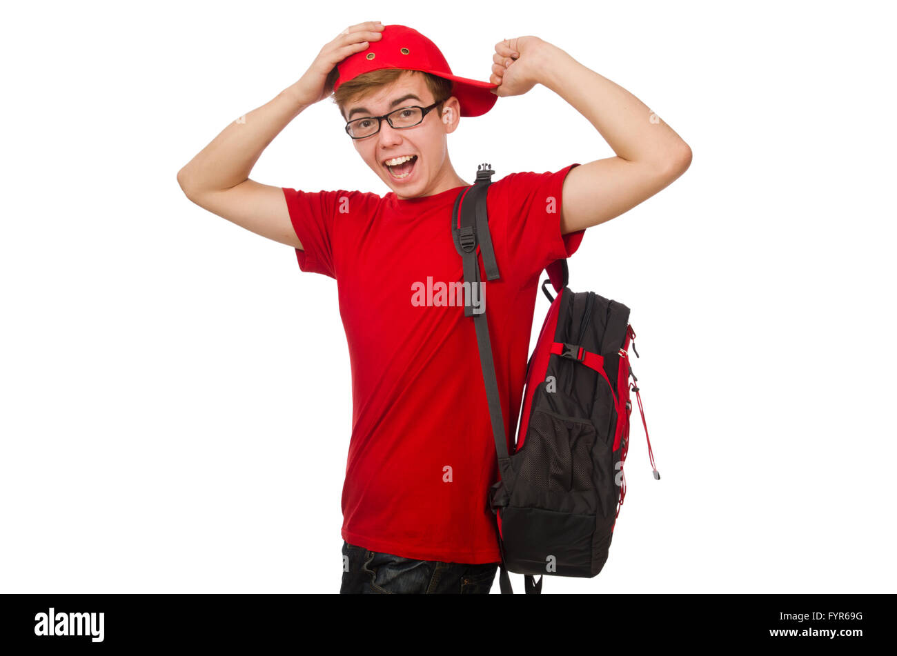 The young traveller with backpack isolated on white Stock Photo - Alamy