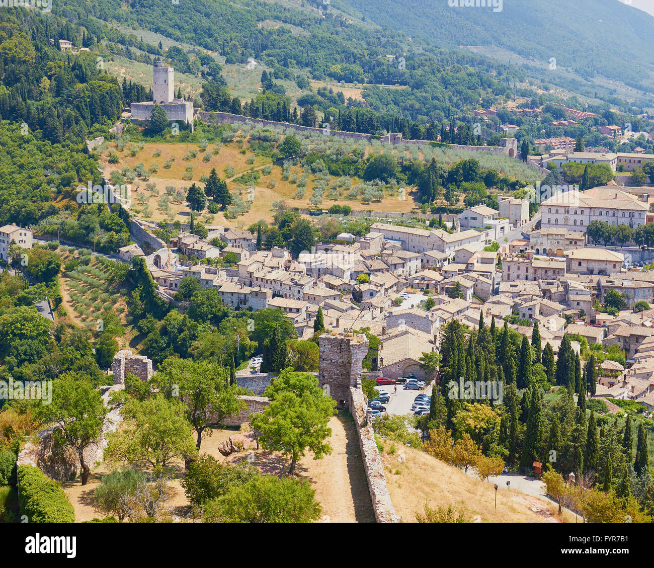 Walled town of Assisi from above Umbria Italy Europe Stock Photo