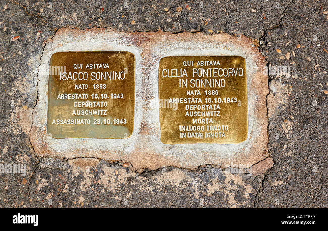 Brass plaques in Via Catalana commemorating Italian Jews that died in World War two Rome Lazio Italy Europe Stock Photo