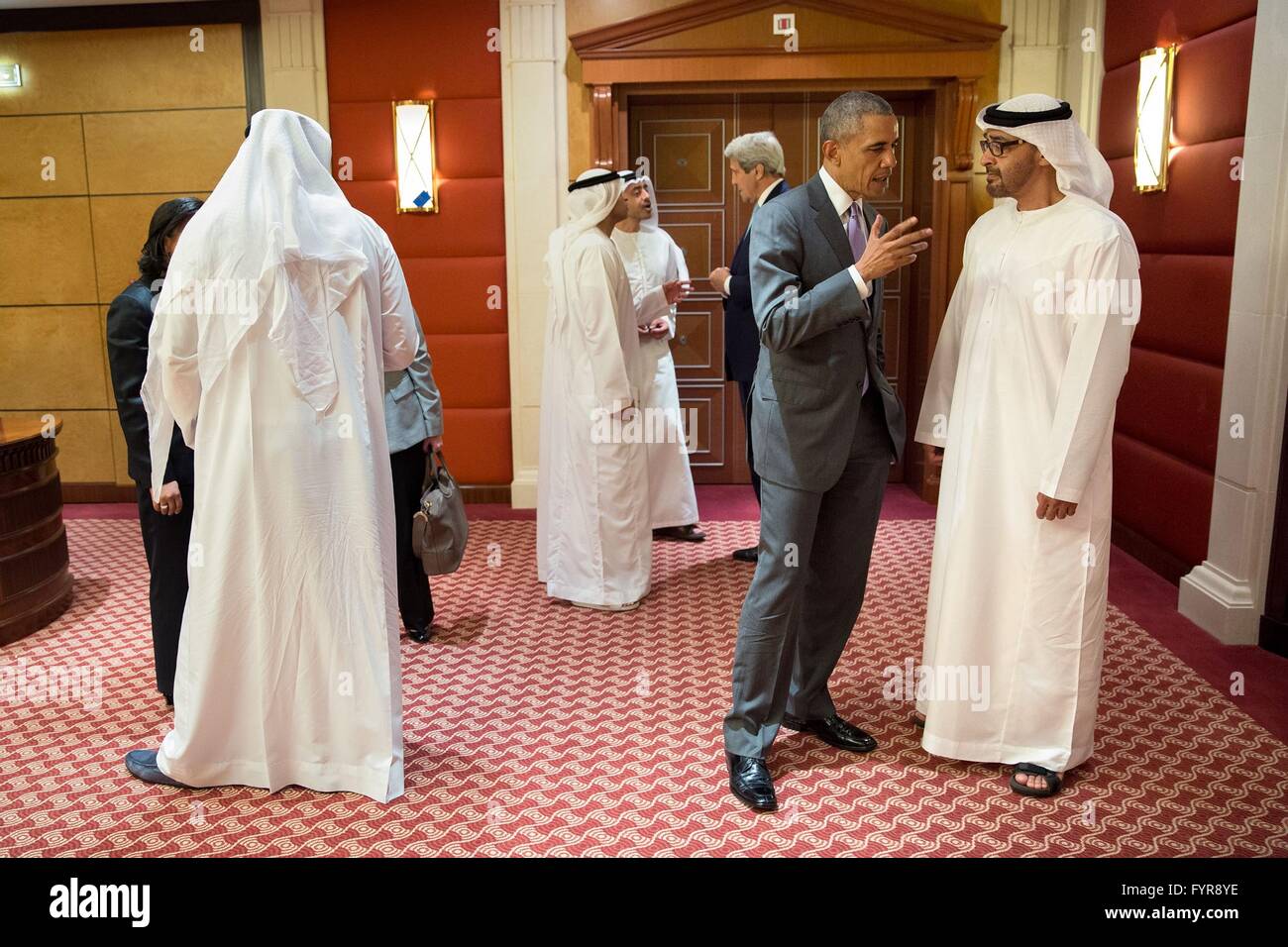 U.S President Barack Obama talks with Sheikh Mohamed Bin Zayed Al Nahyan, Crown Prince of Abu Dhabi, following their bilateral meeting April 20, 2016 in Riyadh, Saudi Arabia. Stock Photo