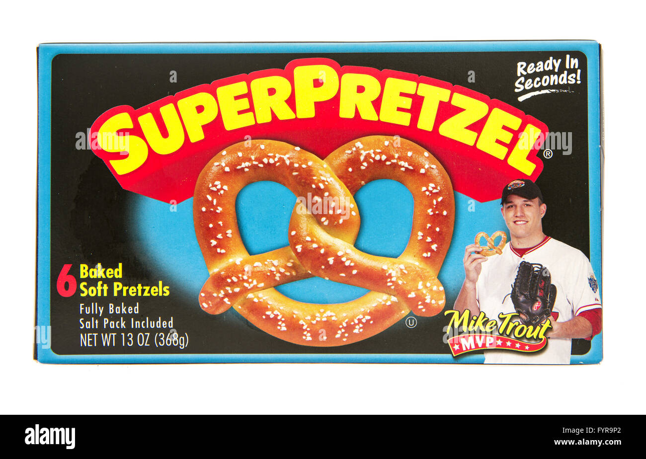 Winneconne, WI -28 Oct 2015: Box of Super pretzel that are ready in seconds. Stock Photo