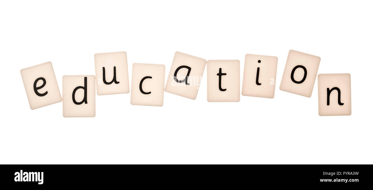 Plastic letters on white background spelling the word education Stock Photo