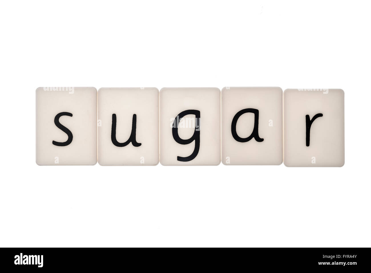 Plastic letters on white background spelling the word sugar Stock Photo