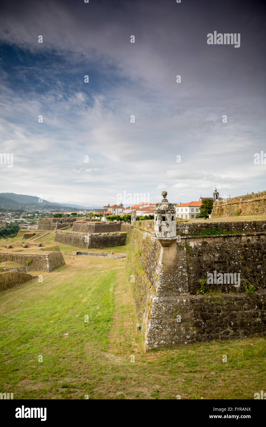 The old city walls of Valenca in Northern Portugal are a picturesque setting of this ancient town. Stock Photo