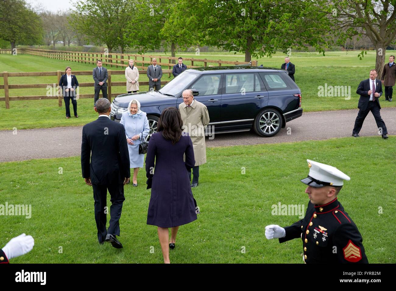 Queen Elizabeth II and Prince Philip, Duke of Edinburgh, greet U.S President Barack Obama and First Lady Michelle Obama as they arrive for lunch at Windsor Castle April 22, 2016 in Windsor, United Kingdom. Stock Photo